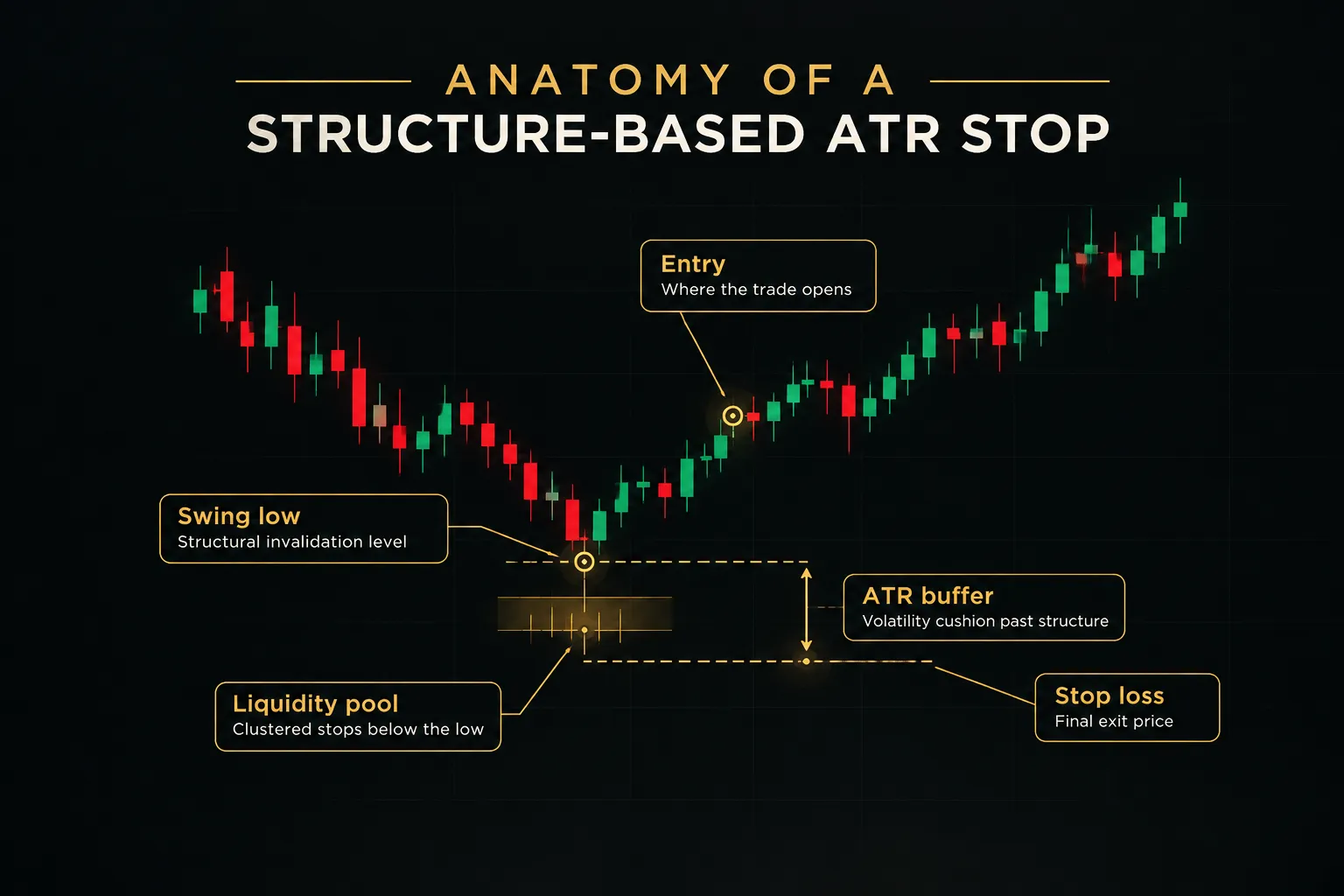 Diagram, Anatomy of a Structure-Based ATR Stop. Entry, Where the trade opens; Swing low, Structural invalidation level…