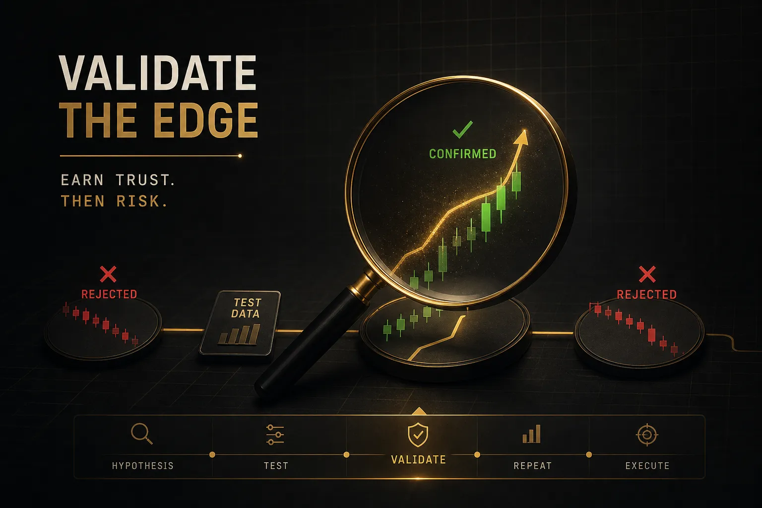 Trader backtesting charts and statistics to validate a high probability trading edge before risking real capital