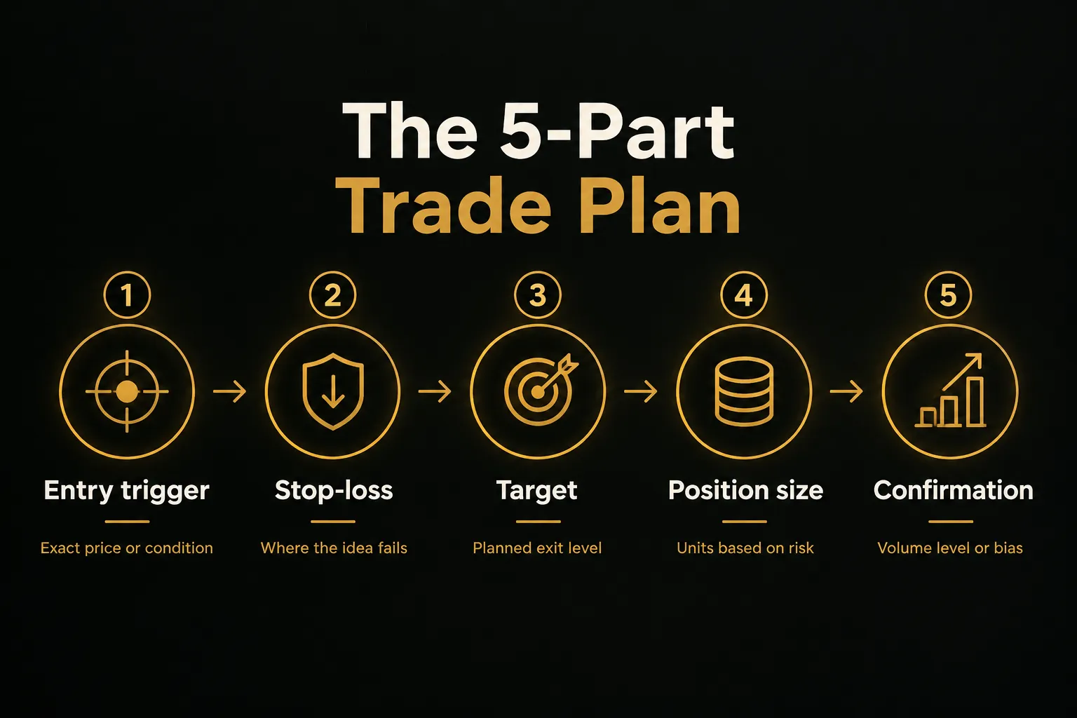 Step-by-step diagram, The 5-Part Trade Plan. 1. Entry trigger, Exact price or condition; 2. Stop-loss, Where the idea…