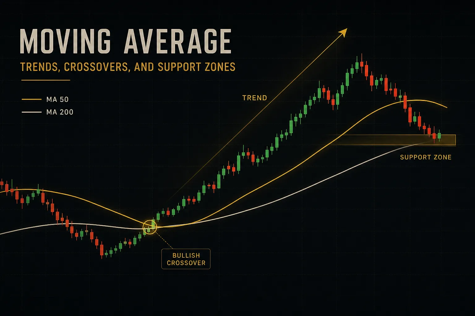 Moving average indicator showing trend direction, crossover signals, and price support zones on a stock chart