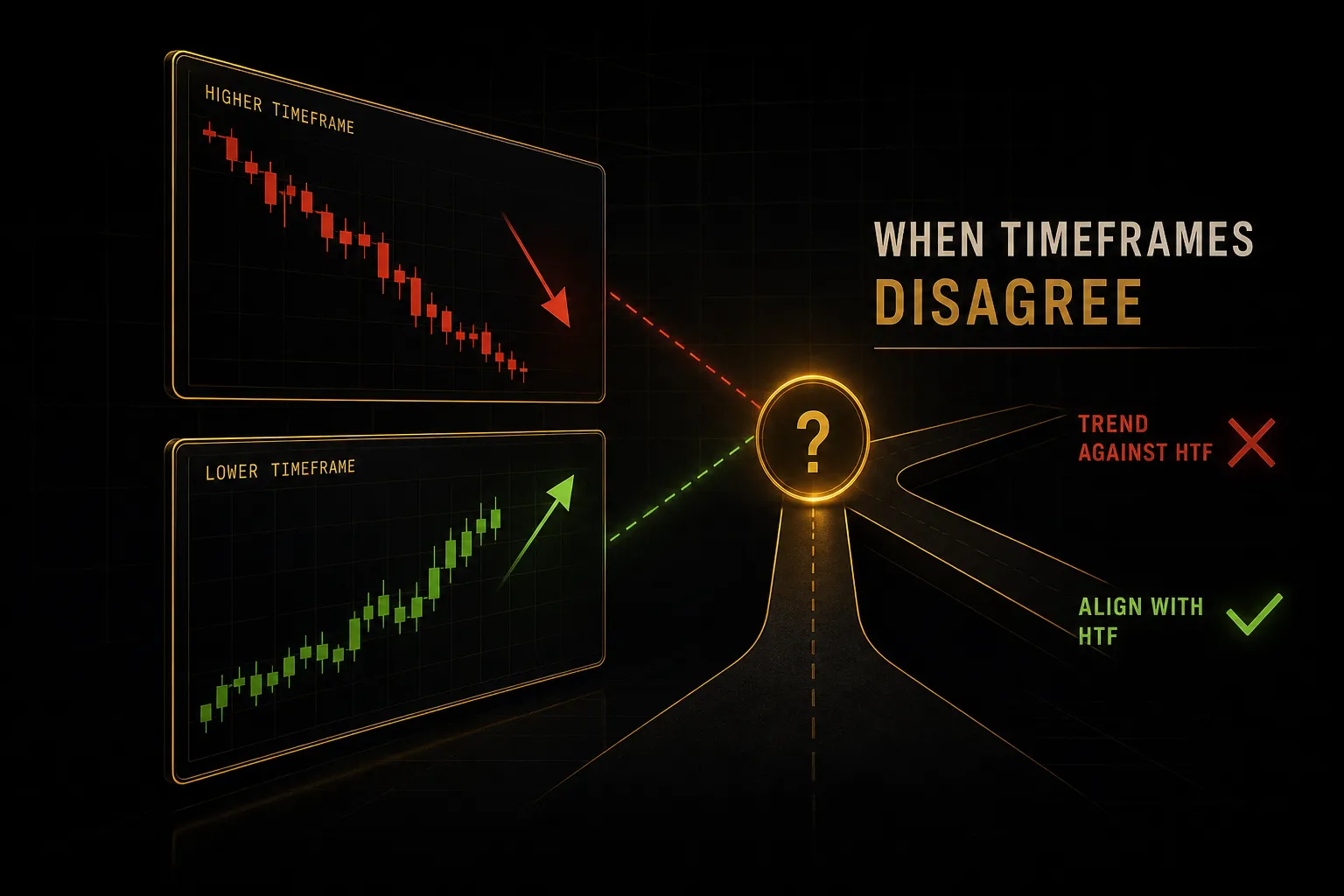 Trader analyzing conflicting signals across multi timeframe charts to decide entry timing