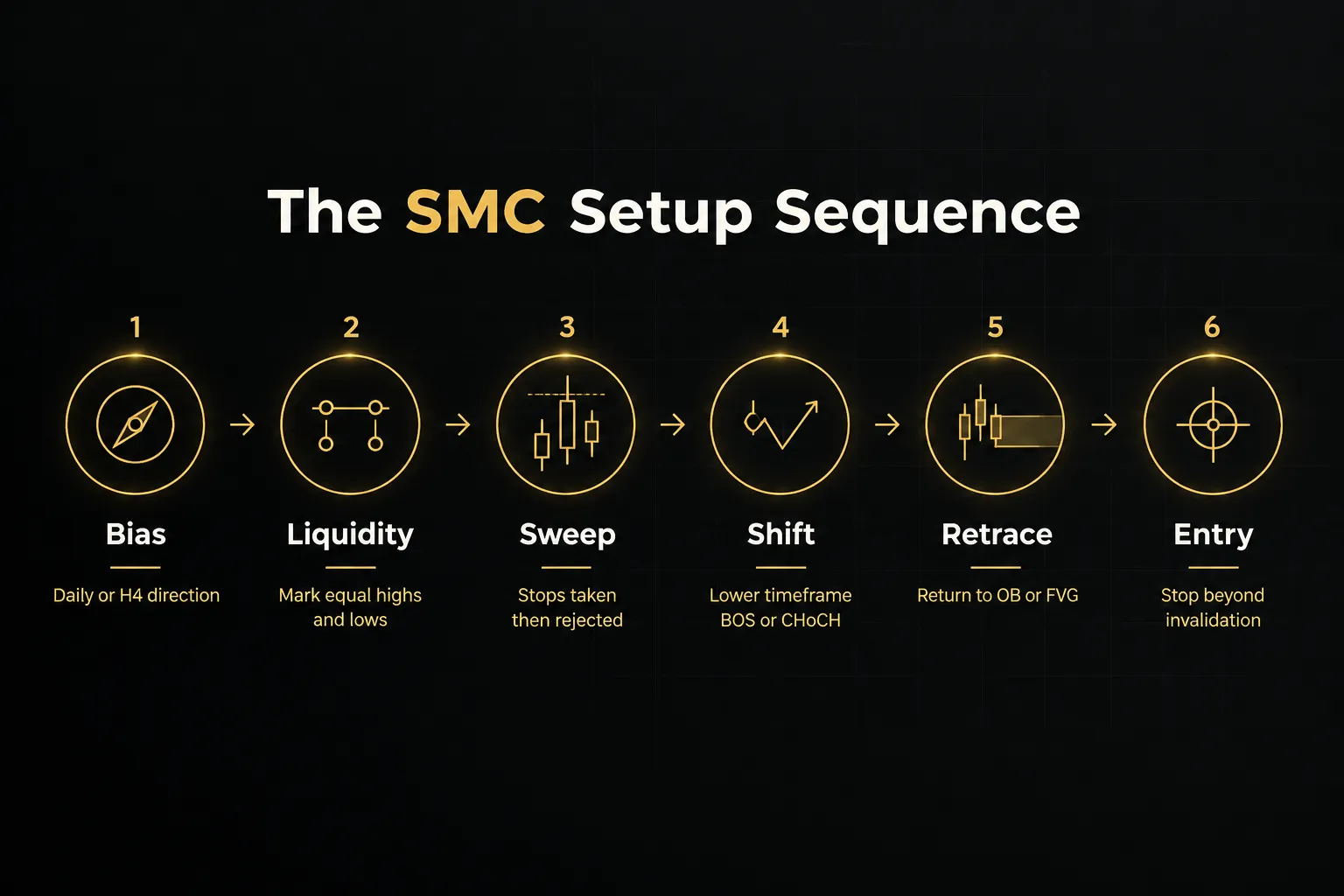 Step-by-step diagram, The SMC Setup Sequence. 1. Bias, Daily or H4 direction; 2. Liquidity, Mark equal highs and lows; 3…