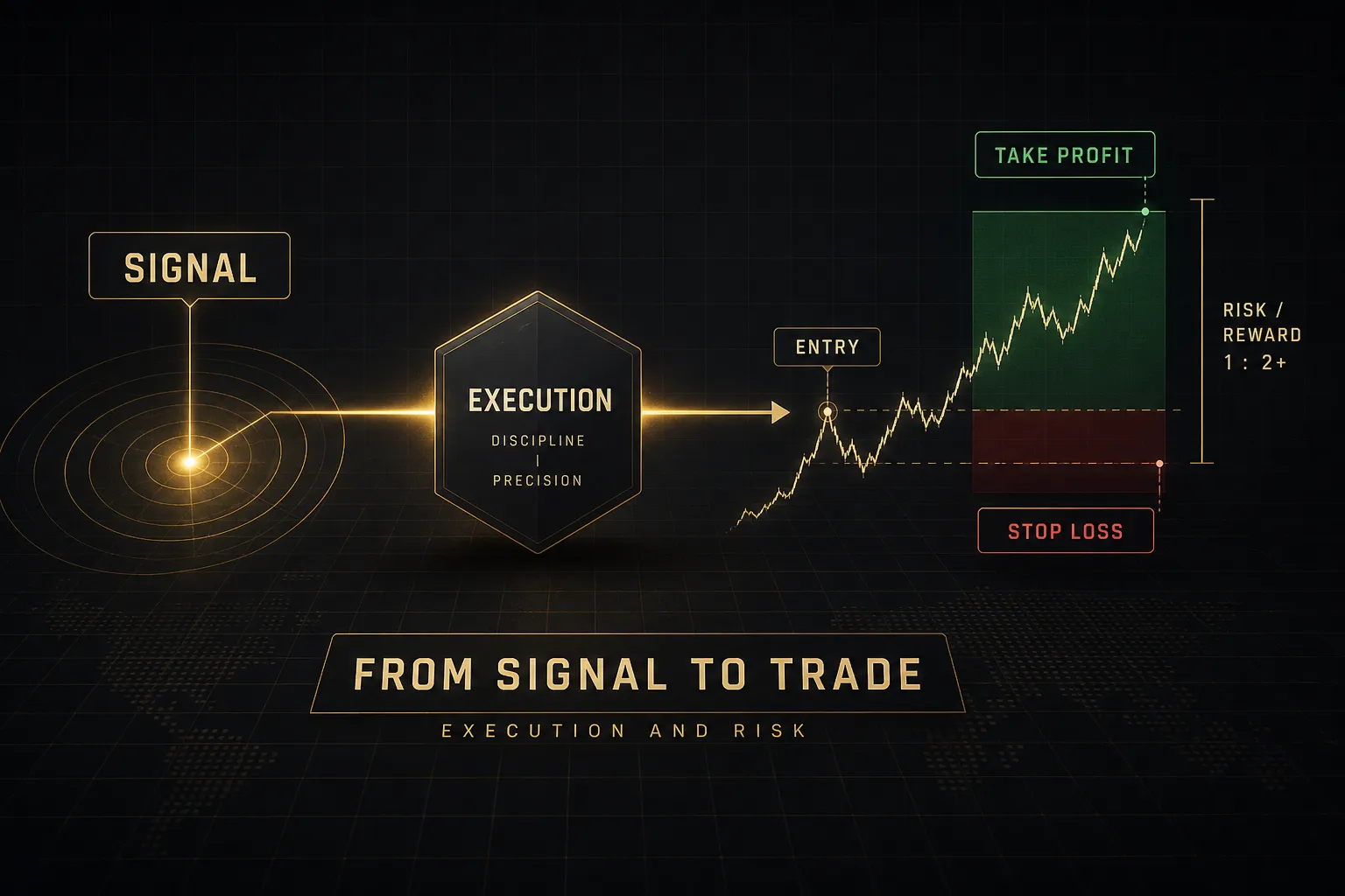 Forex trader executing a trade from signals, applying risk management with stop-loss and position sizing on chart