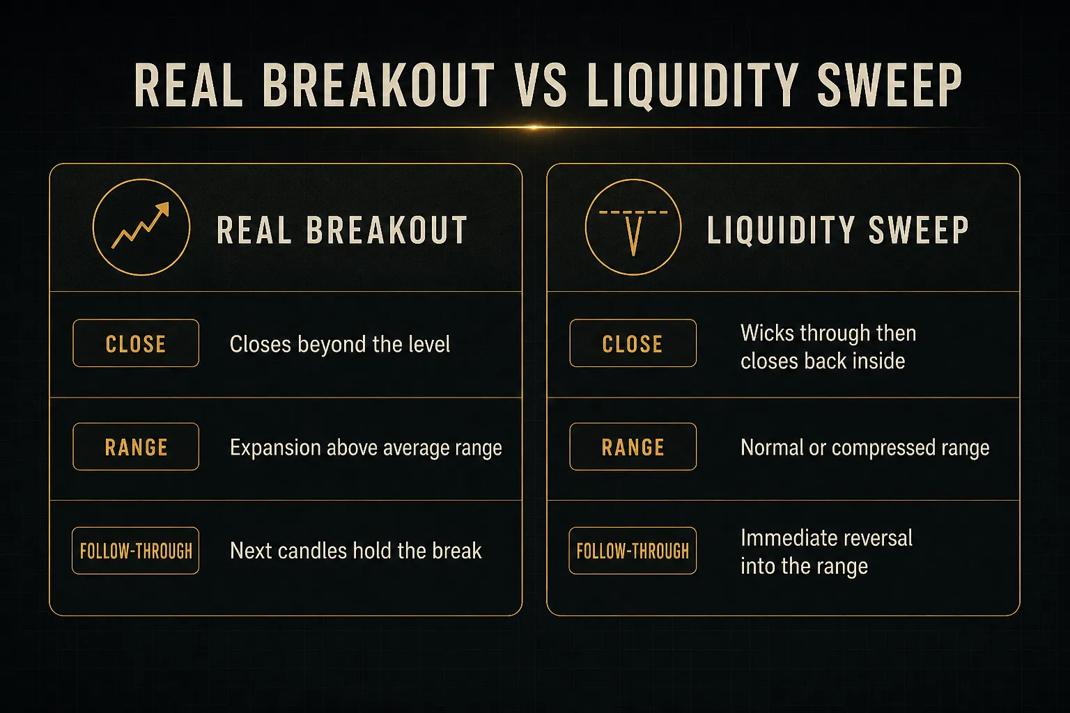 Comparison table, Real Breakout vs Liquidity Sweep. Close, Real Breakout: Closes beyond the level; Liquidity Sweep: Wicks…