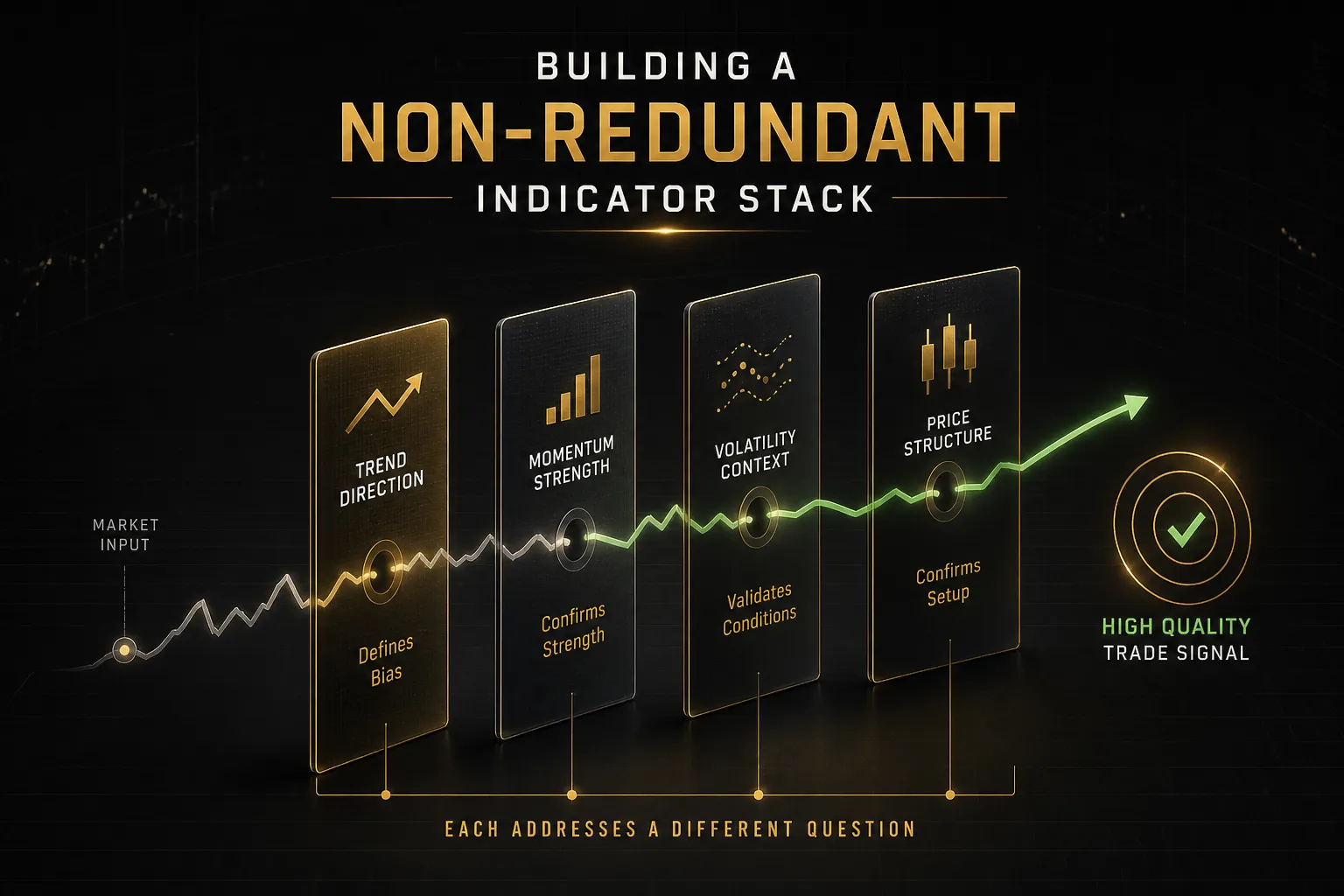 Forex chart displaying a non-redundant indicator stack combining trend, momentum, and volume tools for analysis
