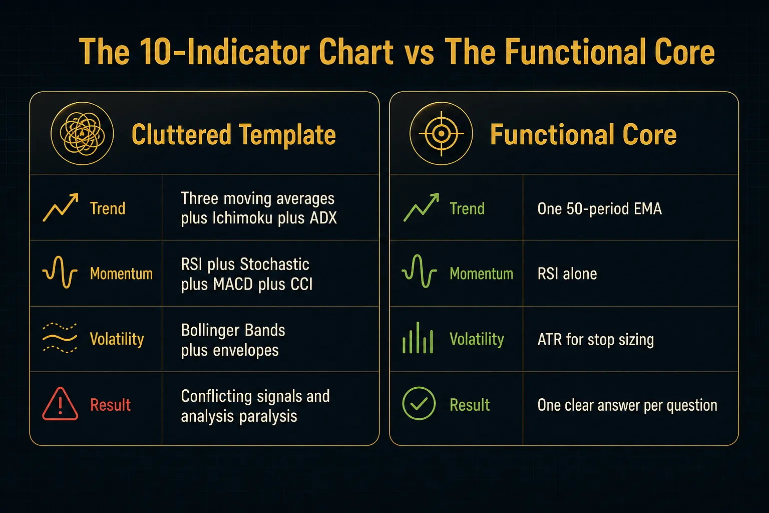 Comparison table, The 10-Indicator Chart vs The Functional Core. Trend, Cluttered Template: Three moving averages plus Ichimoku plus ADX; Functional Core: One 50-period EMA. Momentum, Cluttered Template: RSI plus Stochastic plus MACD plus CCI; Functional Core: RSI alone. Volatility, Cluttered Template: Bollinger Bands plus envelopes; Functional Core: ATR for stop sizing. Result, Cluttered Template: Conflicting signals and analysis paralysis; Functional Core: One clear answer per question