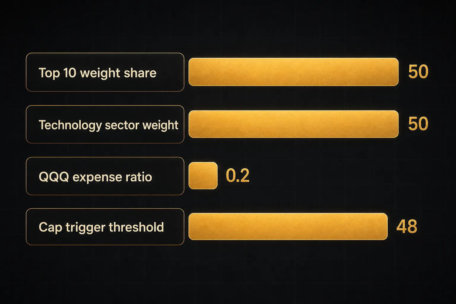 Chart comparing Top 10 weight share (50), Technology sector weight (50), QQQ expense ratio (0.2), Cap trigger threshold (48)