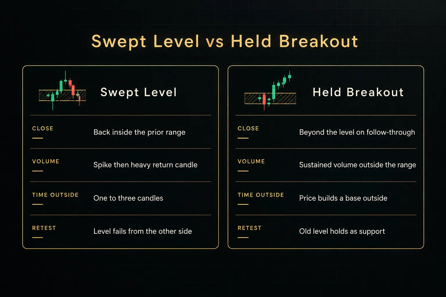 Comparison table, Swept Level vs Held Breakout. Close, Swept Level: Back inside the prior range; Held Breakout: Beyond the…