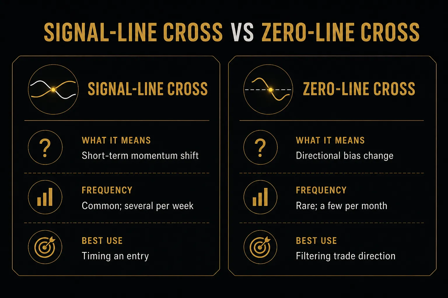Comparison table, Signal-Line Cross vs Zero-Line Cross. What it means, Signal-Line Cross: Short-term momentum shift…