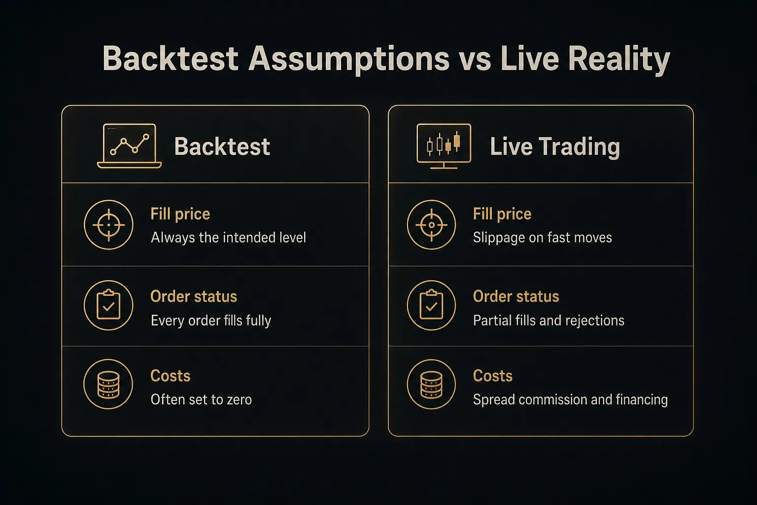 Comparison table, Backtest Assumptions vs Live Reality. Fill price, Backtest: Always the intended level; Live Trading:…