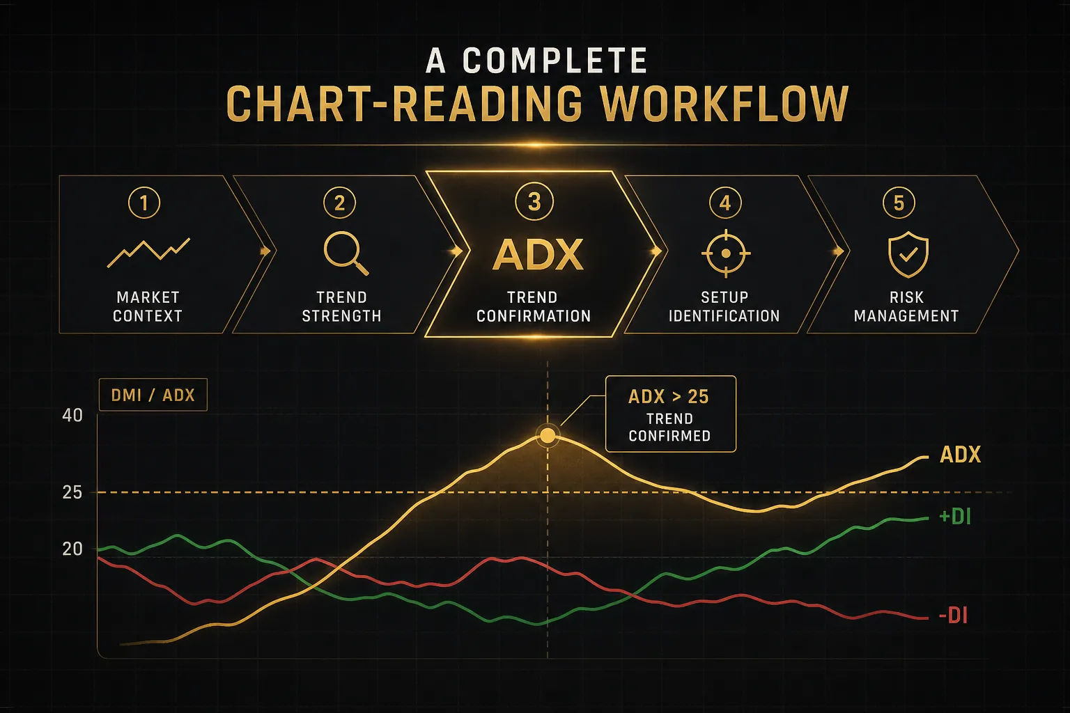 DMI indicator ADX chart workflow showing trend strength and directional lines for reading price momentum