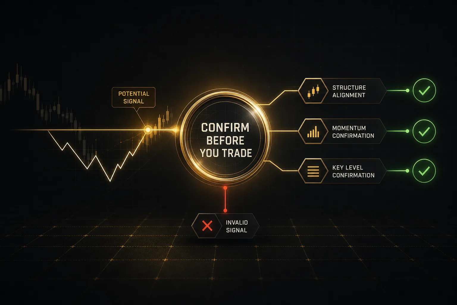 Trader confirming trading signals across multiple charts before executing a trade decision