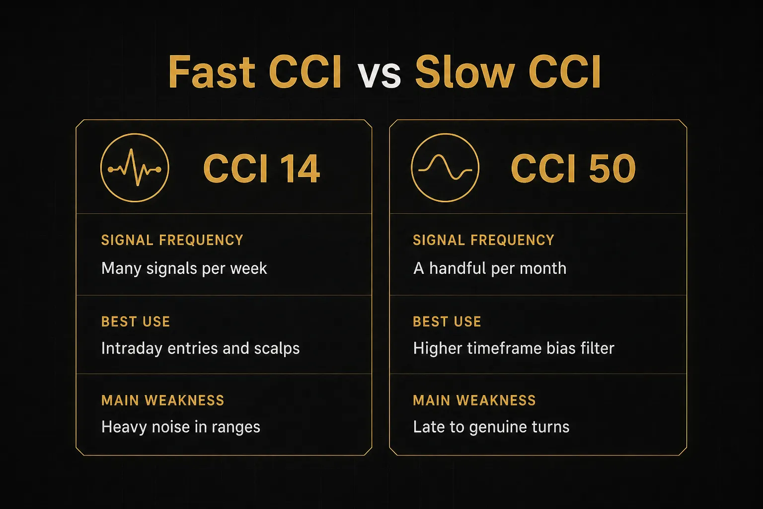 Comparison table, Fast CCI vs Slow CCI. Signal frequency, CCI 14: Many signals per week; CCI 50: A handful per month. Best…