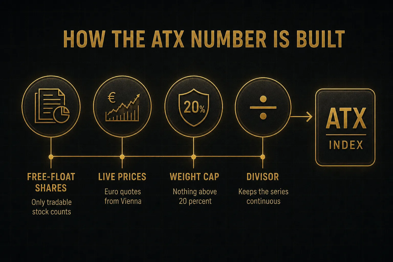 Diagram, How the ATX Number Is Built. Free-float shares, Only tradable stock counts; Live prices, Euro quotes from Vienna; Weight cap, Nothing above 20 percent; Divisor, Keeps the series continuous