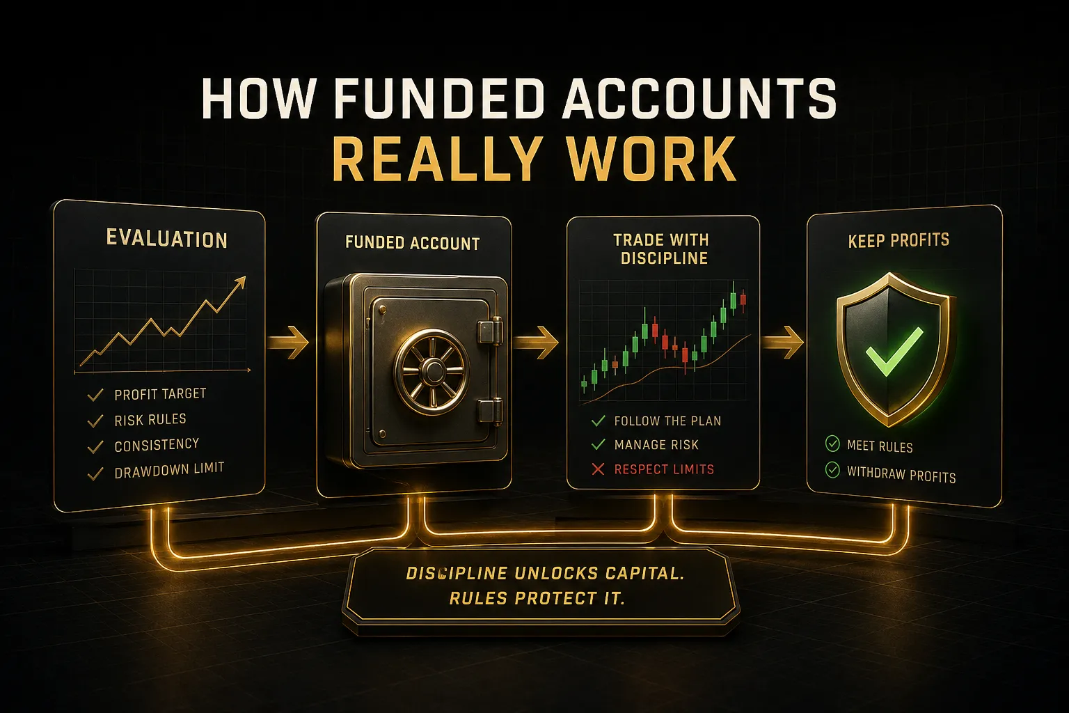 Trader analyzing charts on multiple monitors while managing a My ForexFund funded account under a proprietary trading agreeme