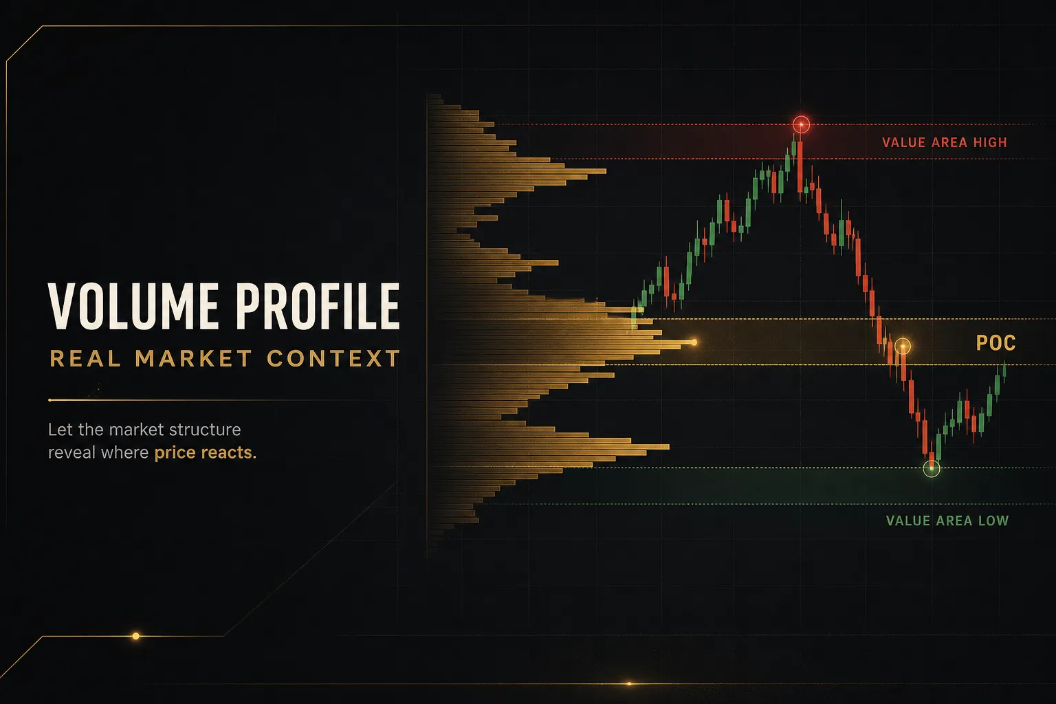 Volume profile indicator overlaid on a price chart showing high-volume nodes across varying real market conditions