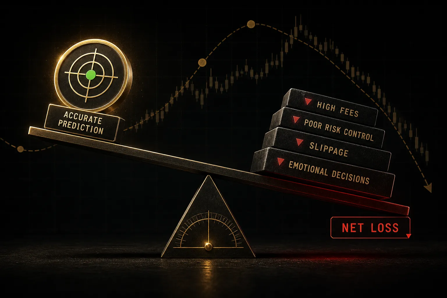 AI trading dashboard showing accurate price predictions alongside losing trade outcomes and risk metrics