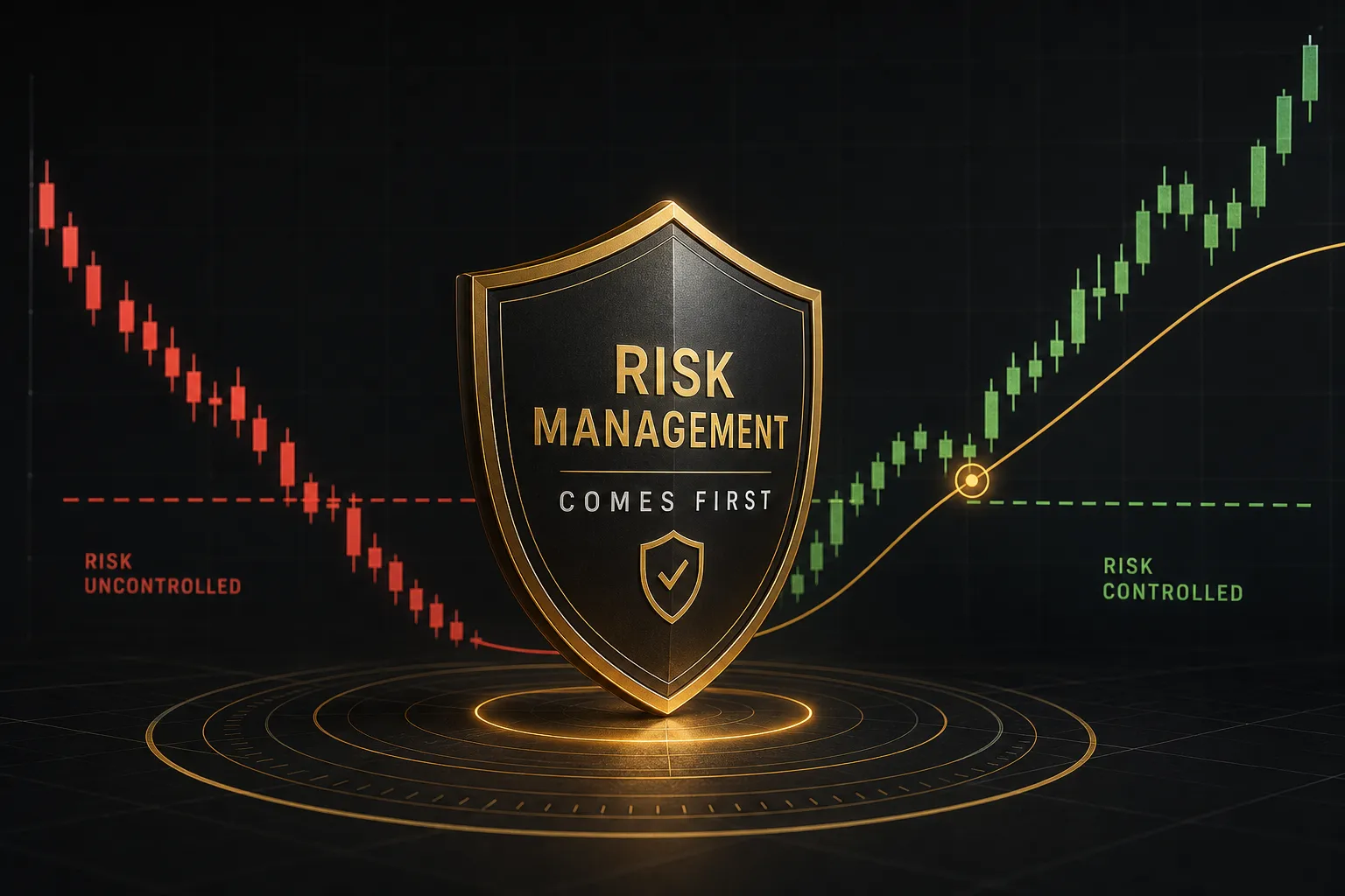 Trader analyzing risk management charts and stop-loss strategies on multiple screens during forex trading