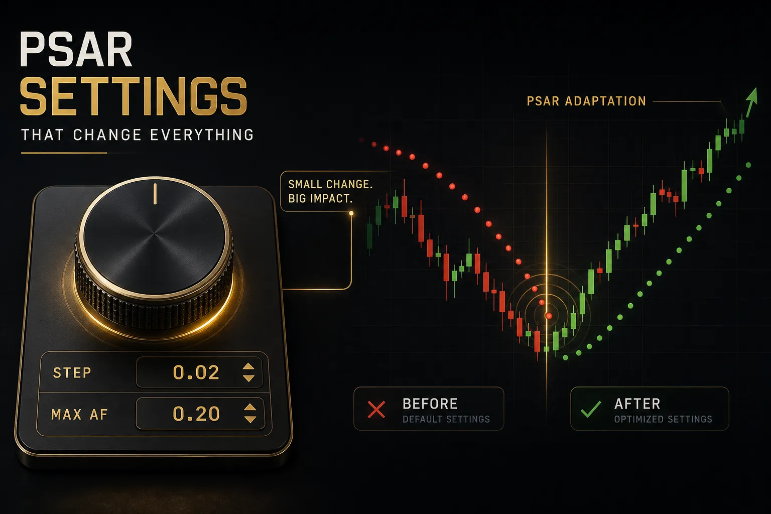 Chart showing PSAR indicator dots flipping above and below price as key settings adjust sensitivity and signal accuracy