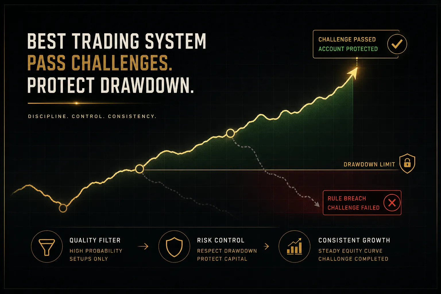 PipTrend trading system dashboard helping traders pass prop firm challenges while avoiding drawdown breaches