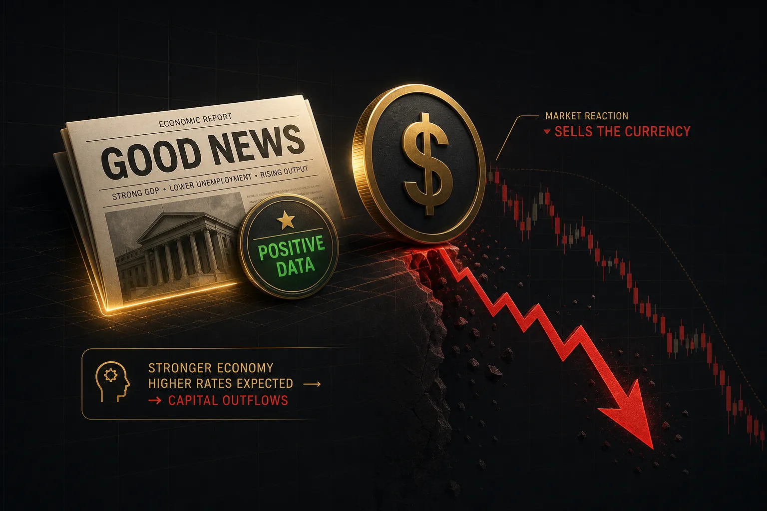 Fundamental indicators forex chart showing currency dropping despite positive economic news release