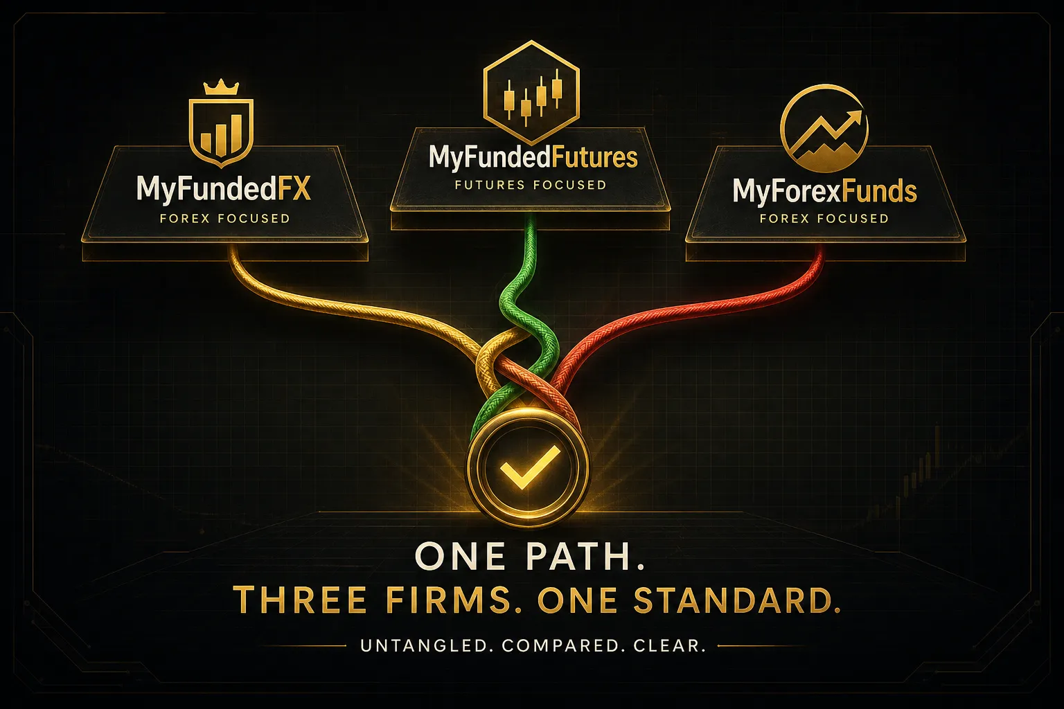 MyFundedFX logo alongside MyFundedFutures and MyForexFunds branding illustrating differences between the three prop trading f