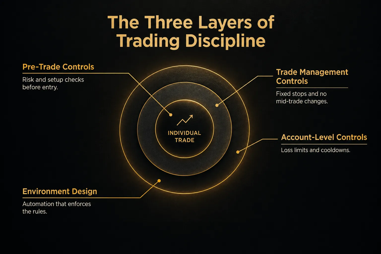 Diagram, The Three Layers of Trading Discipline. Pre-Trade Controls, Risk and setup checks before entry; Trade Management…