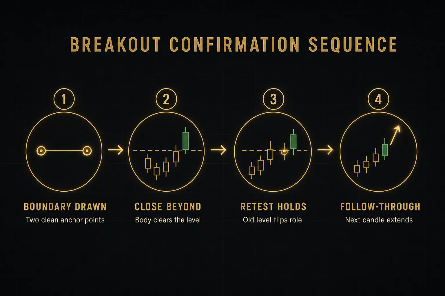 Step-by-step diagram, Breakout Confirmation Sequence. 1. Boundary drawn, Two clean anchor points; 2. Close beyond, Body…