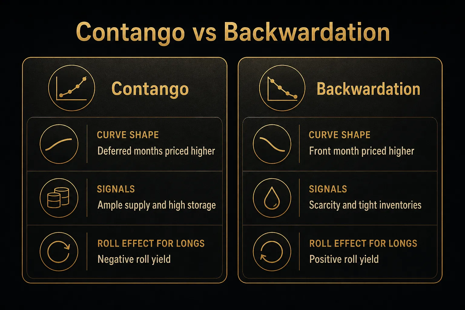 Comparison table, Contango vs Backwardation. Curve shape, Contango: Deferred months priced higher; Backwardation: Front…