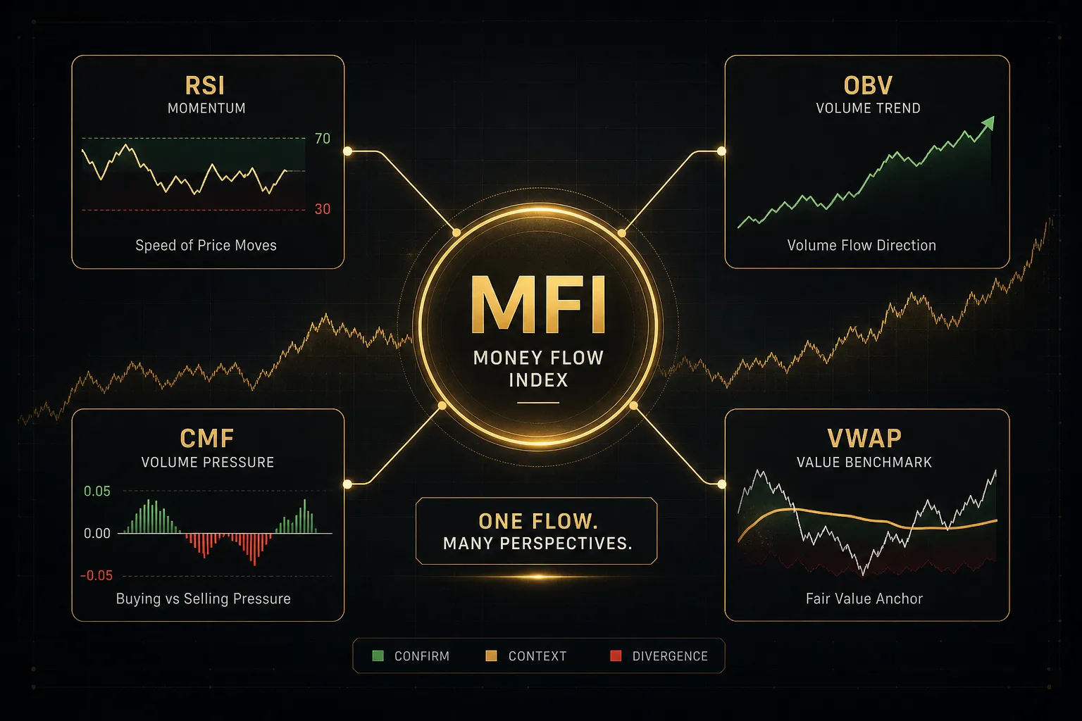 Comparison chart of MFI indicator against RSI, OBV, CMF, and VWAP on a price trading screen