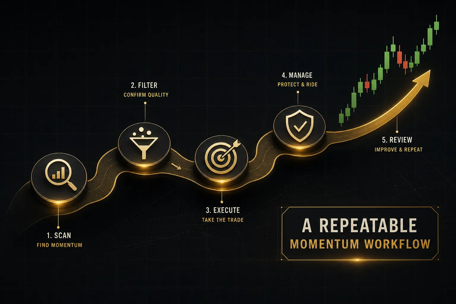 Trader analyzing rising stock charts to build a repeatable momentum trading workflow