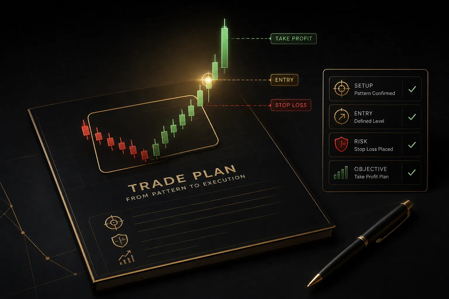 Bullish candle pattern on a price chart illustrating entry, stop-loss, and target points for a trade plan