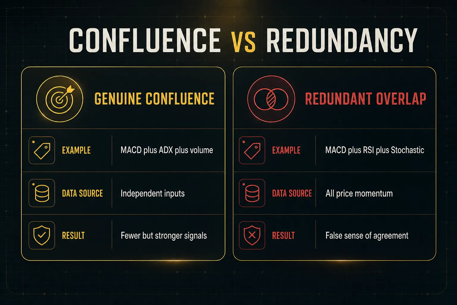 Comparison table, Confluence vs Redundancy. Example, Genuine Confluence: MACD plus ADX plus volume; Redundant Overlap: MACD plus RSI plus Stochastic. Data source, Genuine Confluence: Independent inputs; Redundant Overlap: All price momentum. Result, Genuine Confluence: Fewer but stronger signals; Redundant Overlap: False sense of agreement