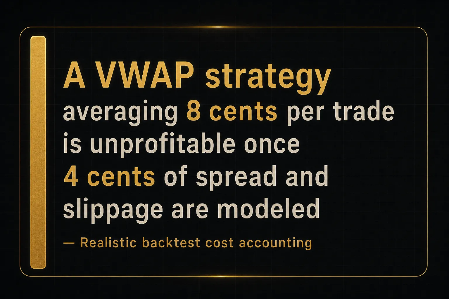 Key insight: A VWAP strategy averaging 8 cents per trade is unprofitable once 4 cents of spread and slippage are modeled…