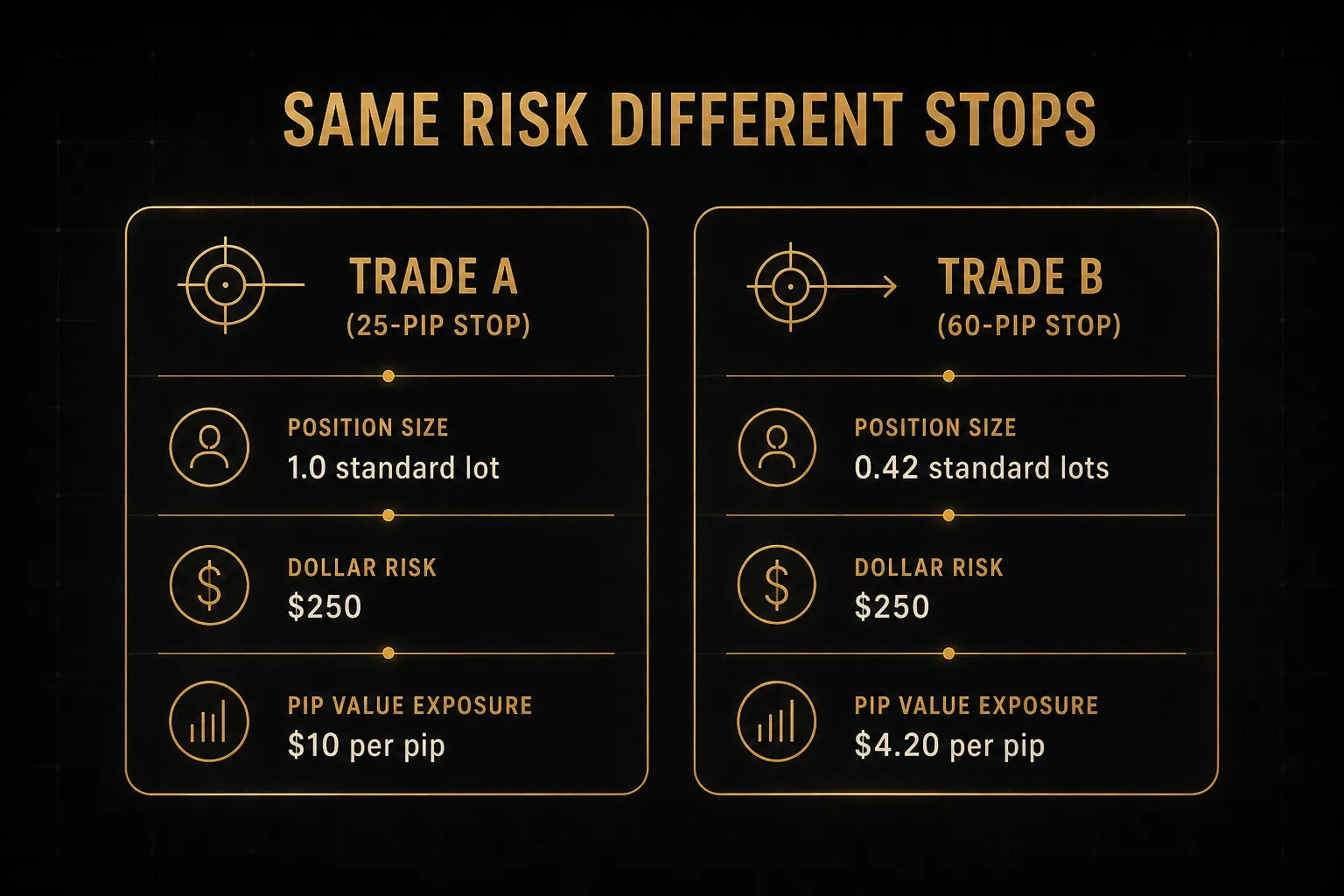 Comparison table, Same Risk Different Stops. Position size, Trade A (25-pip stop): 1.0 standard lot; Trade B (60-pip…