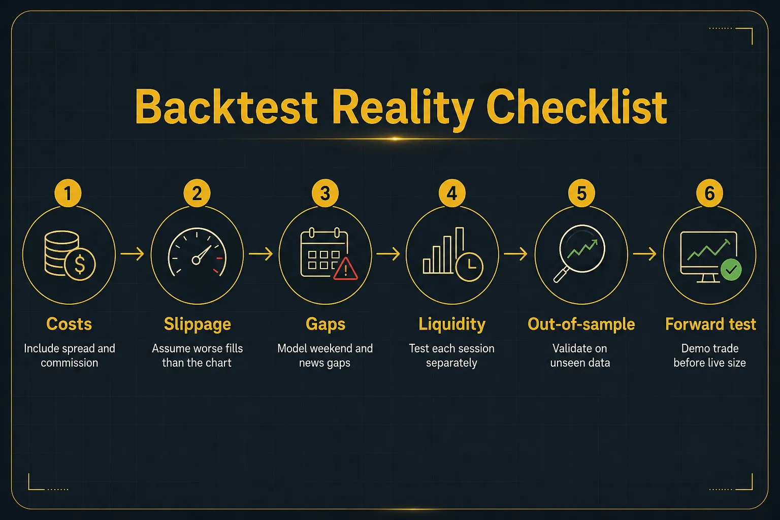 Step-by-step diagram, Backtest Reality Checklist. 1. Costs, Include spread and commission; 2. Slippage, Assume worse fills than the chart; 3. Gaps, Model weekend and news gaps; 4. Liquidity, Test each session separately; 5. Out-of-sample, Validate on unseen data; 6. Forward test, Demo trade before live size