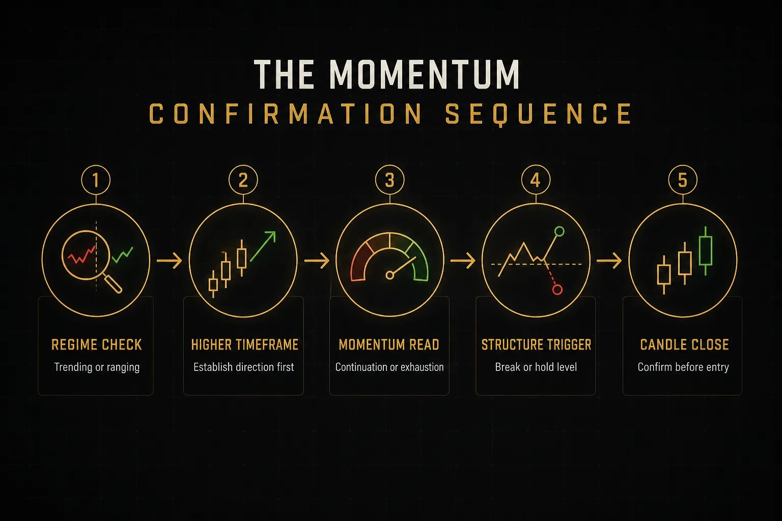 Step-by-step diagram, The Momentum Confirmation Sequence. 1. Regime check, Trending or ranging; 2. Higher timeframe…