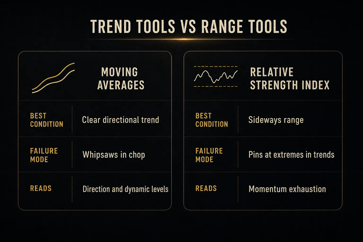 Comparison table, Trend Tools vs Range Tools. Best condition, Moving Averages: Clear directional trend; Relative Strength Index: Sideways range. Failure mode, Moving Averages: Whipsaws in chop; Relative Strength Index: Pins at extremes in trends. Reads, Moving Averages: Direction and dynamic levels; Relative Strength Index: Momentum exhaustion