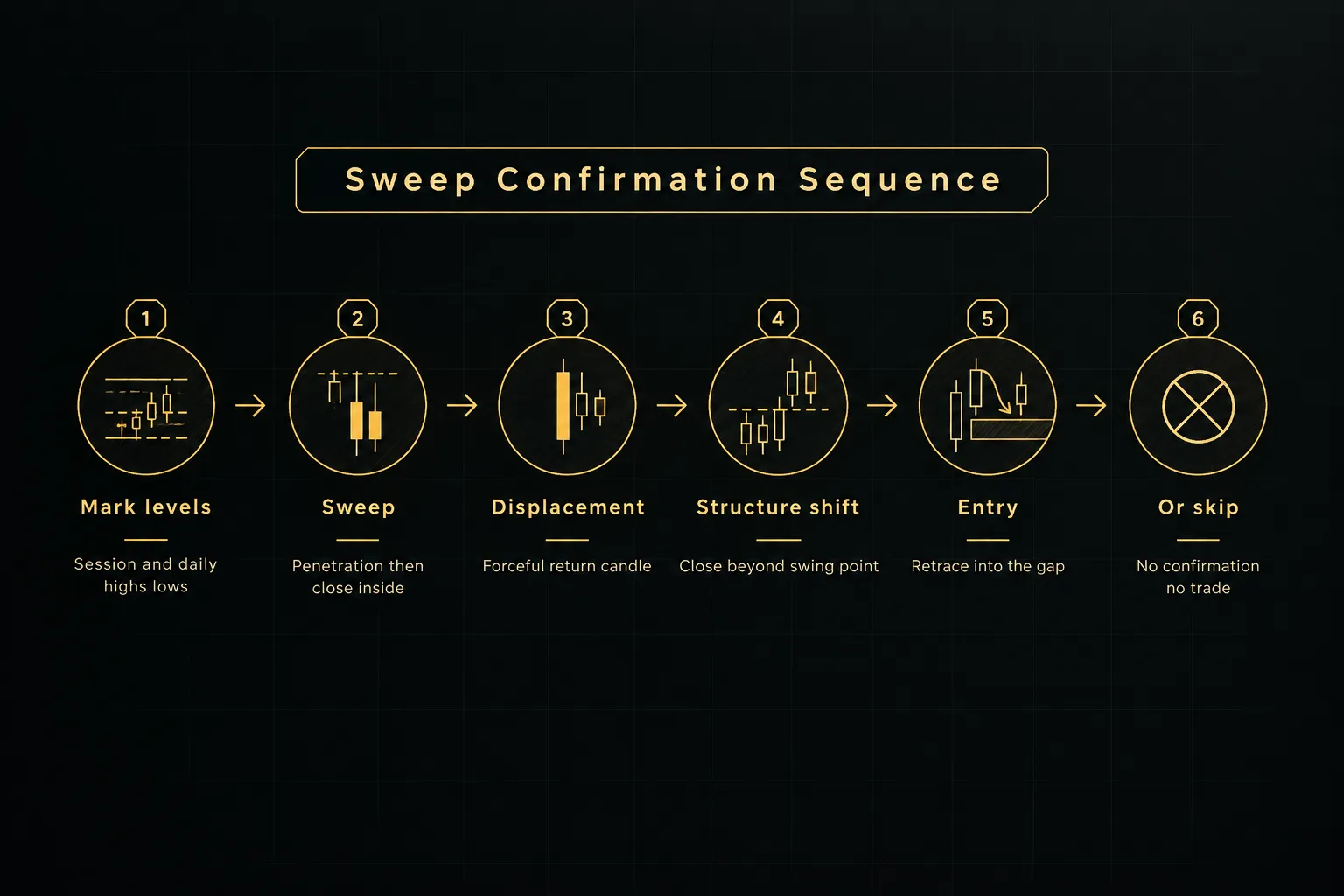Step-by-step diagram, Sweep Confirmation Sequence. 1. Mark levels, Session and daily highs lows; 2. Sweep, Penetration…