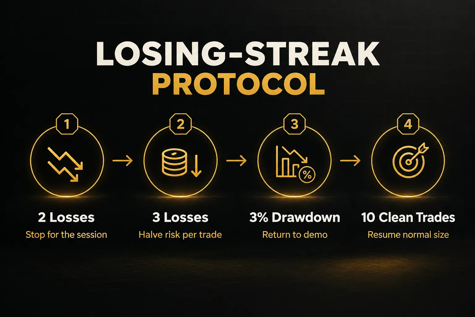 Step-by-step diagram, Losing-Streak Protocol. 1. 2 Losses, Stop for the session; 2. 3 Losses, Halve risk per trade; 3. 3%…