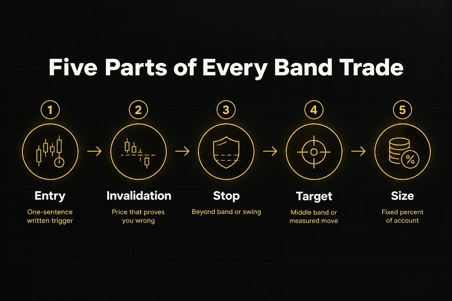 Step-by-step diagram, Five Parts of Every Band Trade. 1. Entry, One-sentence written trigger; 2. Invalidation, Price that…