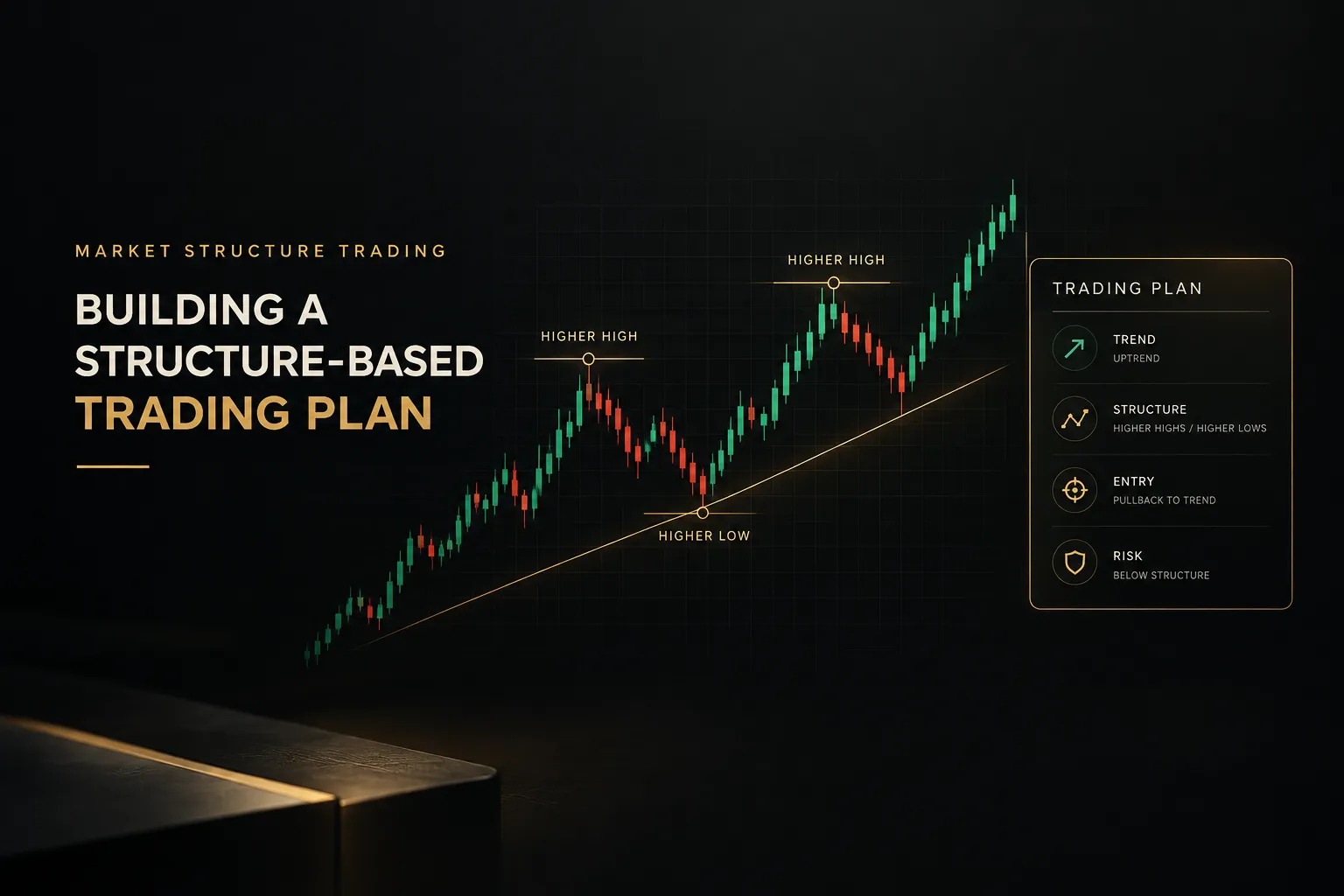 Chart illustrating market structure trading with labeled swing highs, lows, and trend lines for a structure-based trading pla