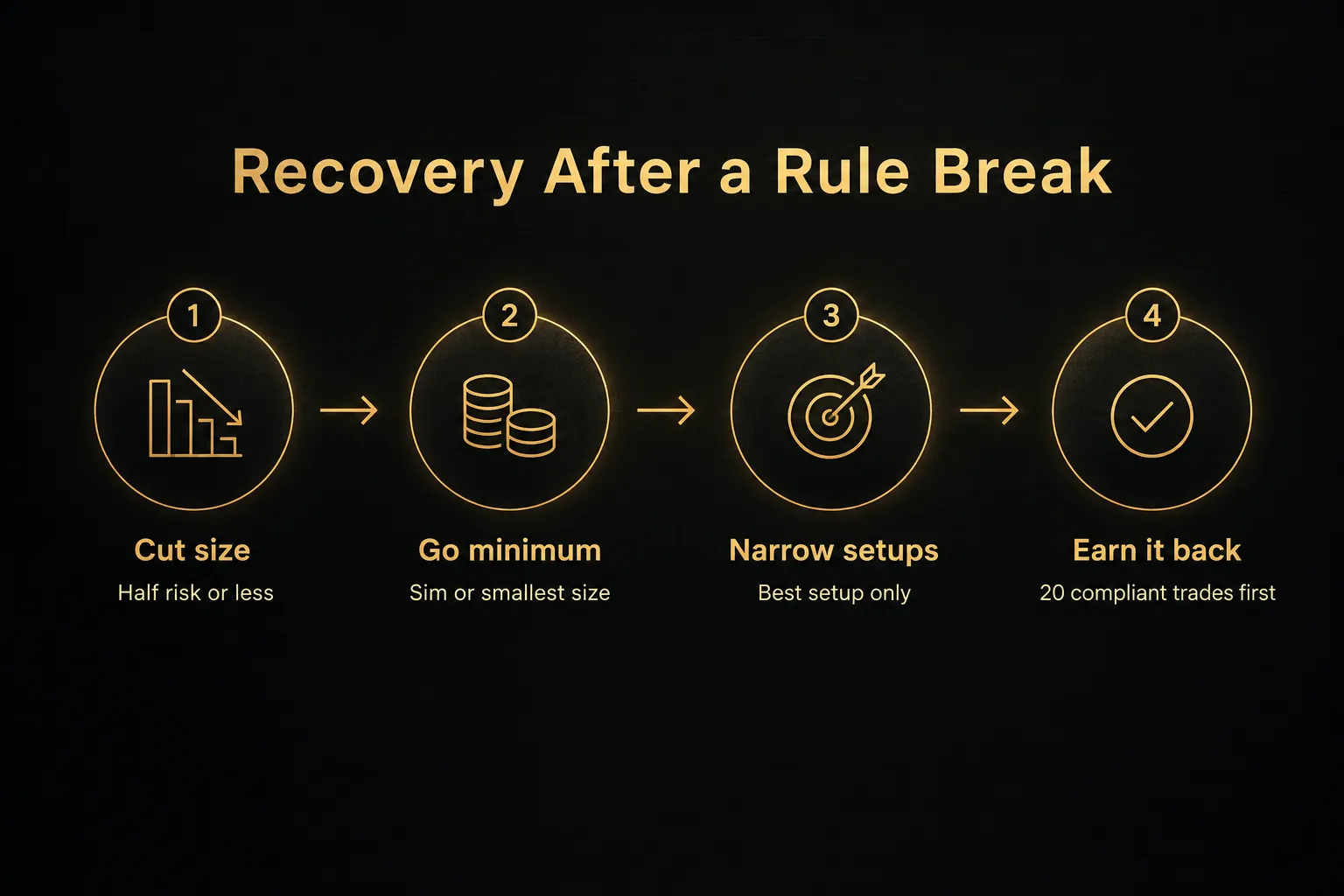 Step-by-step diagram, Recovery After a Rule Break. 1. Cut size, Half risk or less; 2. Go minimum, Sim or smallest size…