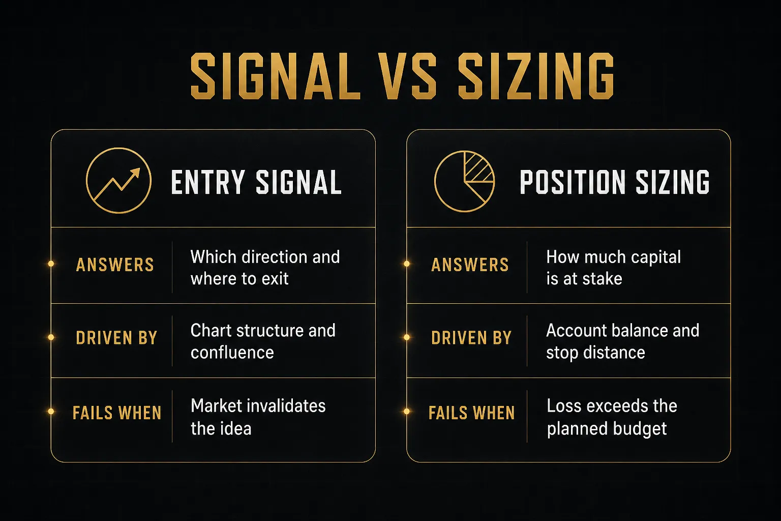 Comparison table, Signal vs Sizing. Answers, Entry signal: Which direction and where to exit; Position sizing: How much…
