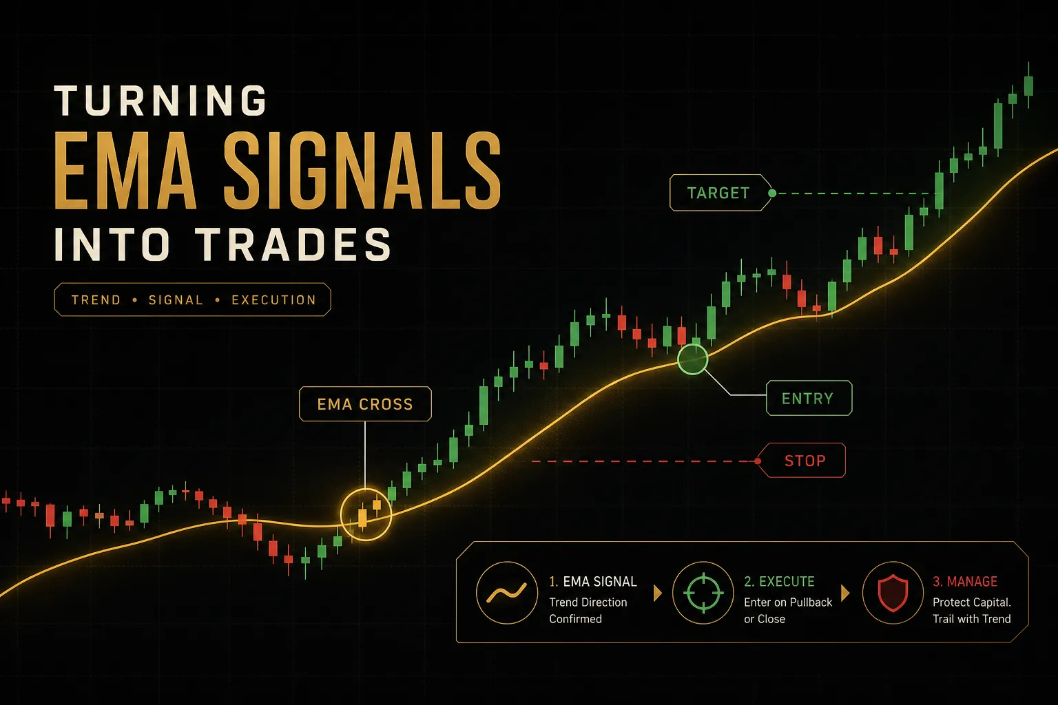 Chart showing EMA indicator crossover signals guiding entry and exit points for a stock trade