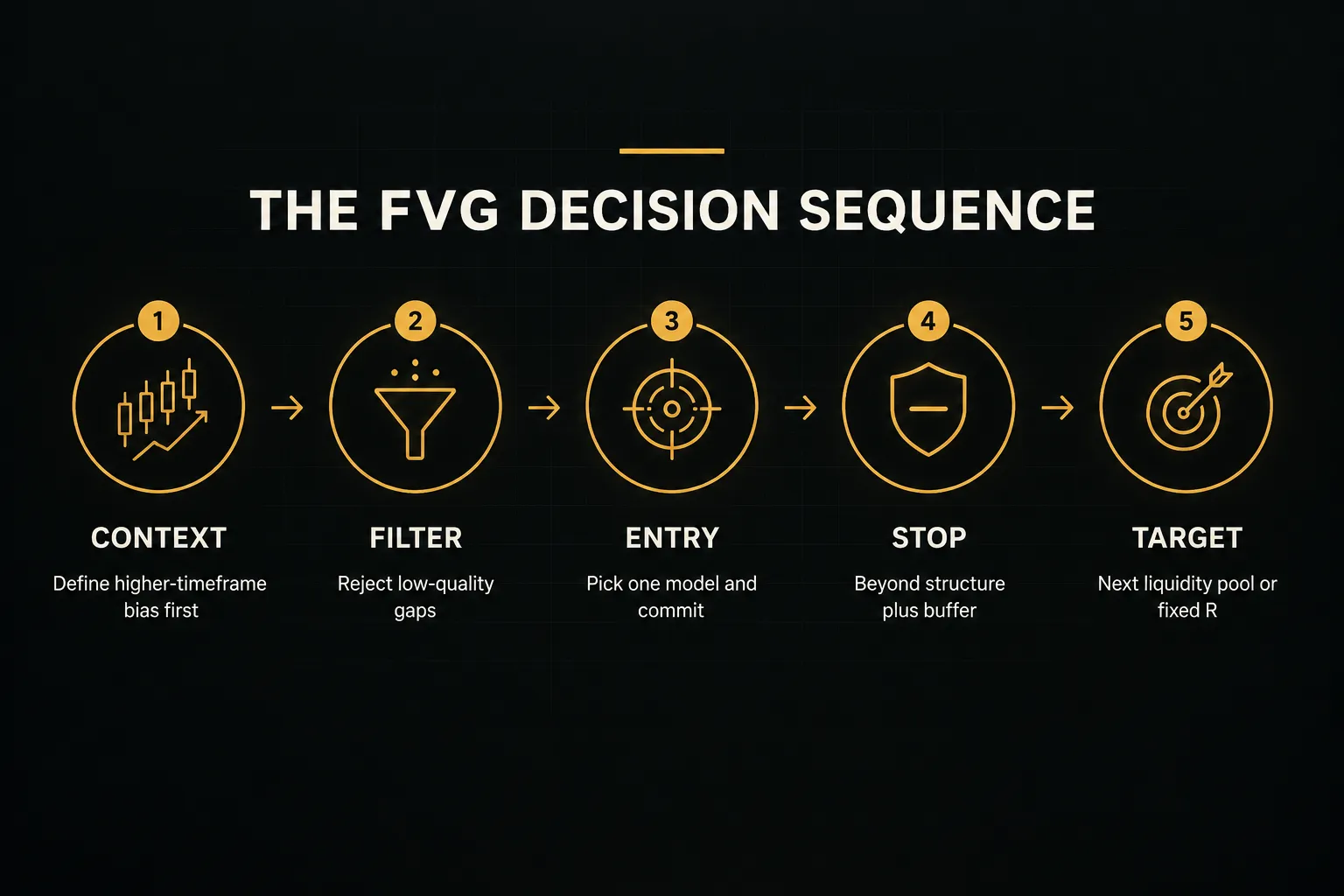 Step-by-step diagram, The FVG Decision Sequence. 1. Context, Define higher-timeframe bias first; 2. Filter, Reject…