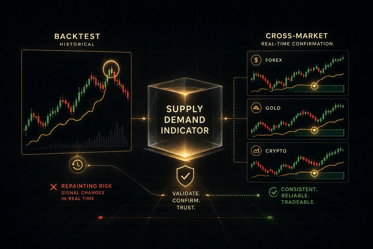 Supply demand indicator comparison showing repainting behavior across backtesting results in different markets