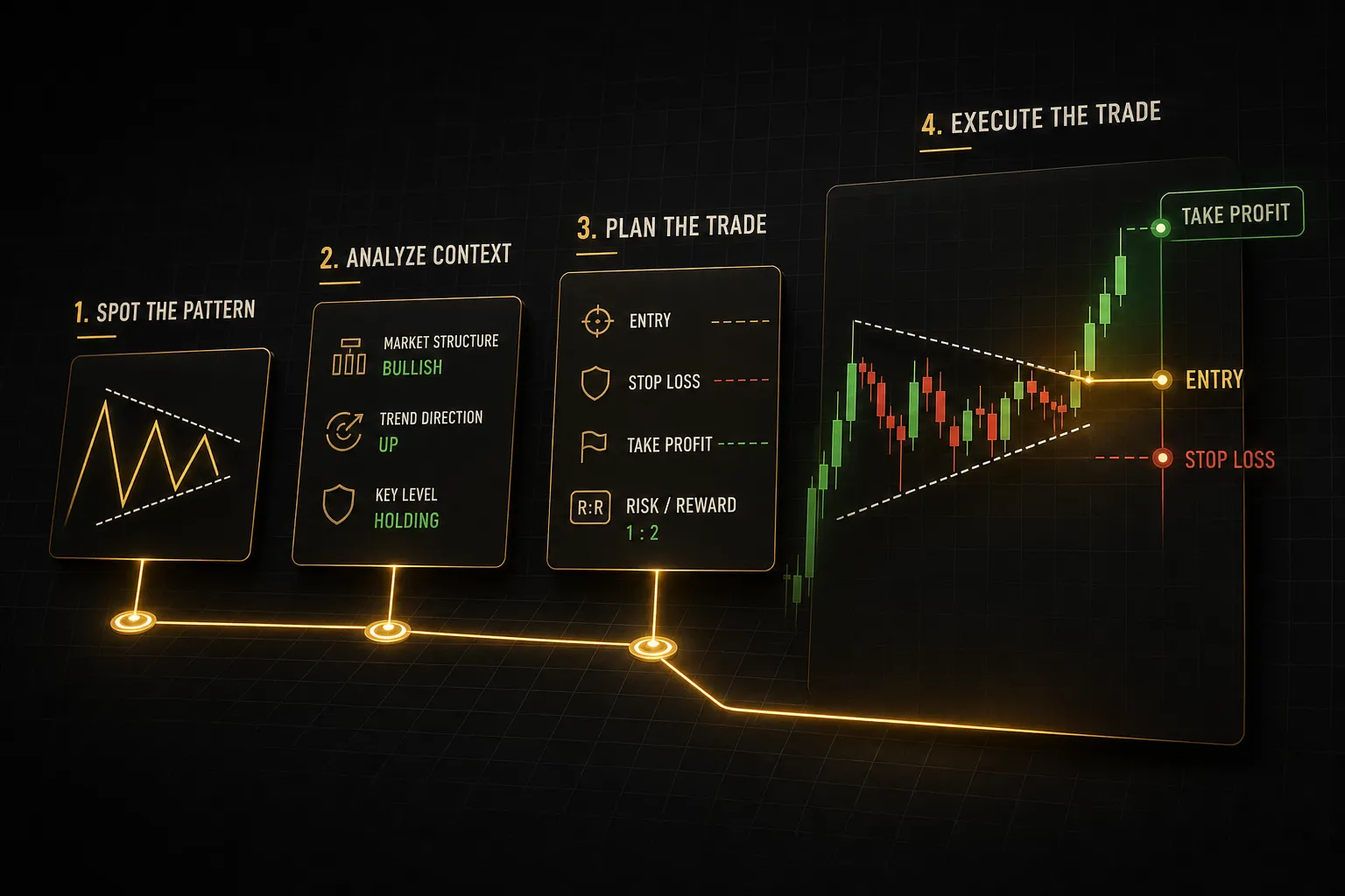 Trader analyzing price action patterns on a candlestick chart to plan a complete trade entry and exit workflow