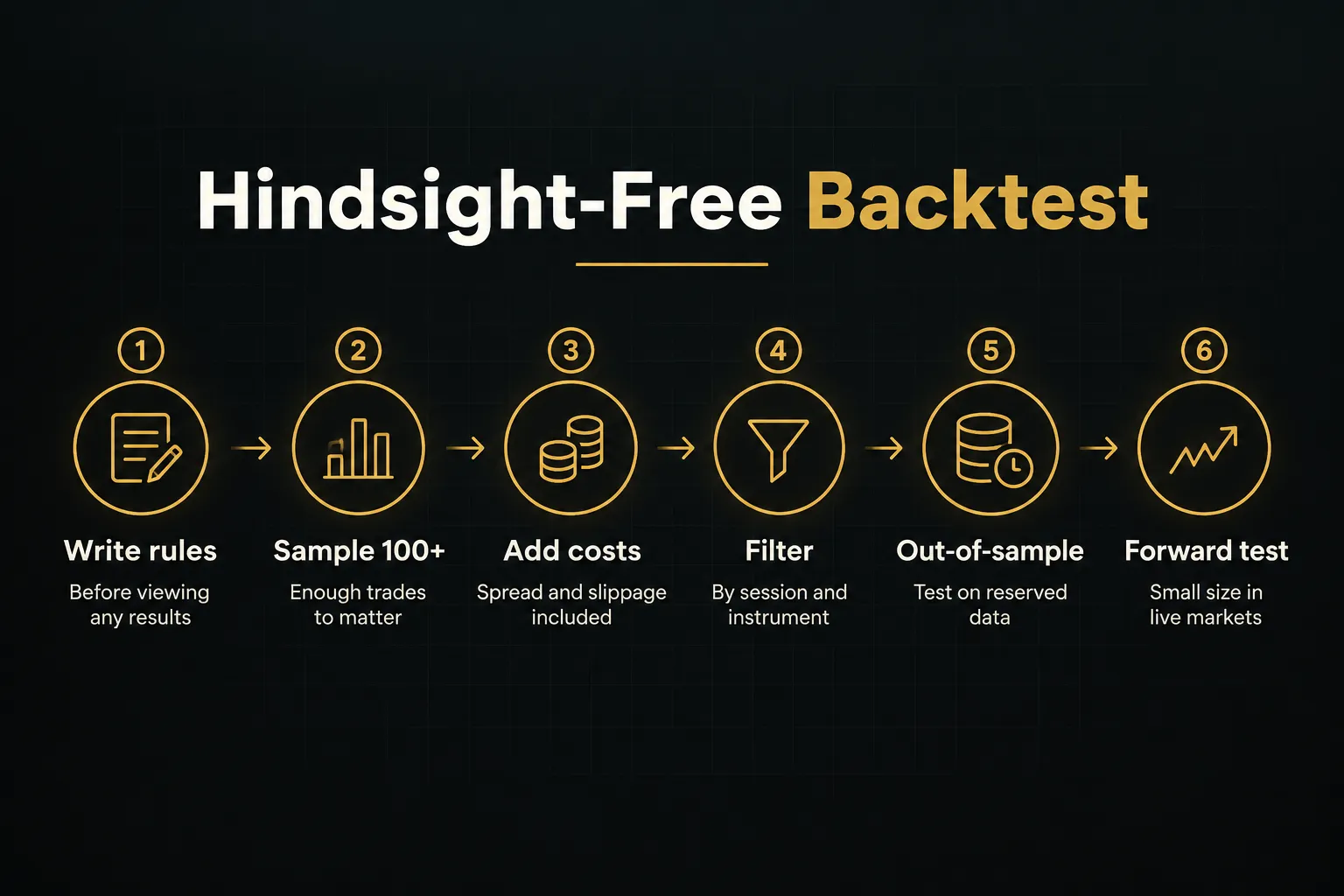 Step-by-step diagram, Hindsight-Free Backtest. 1. Write rules, Before viewing any results; 2. Sample 100+, Enough trades…