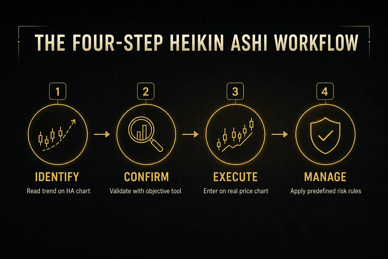Step-by-step diagram, The Four-Step Heikin Ashi Workflow. 1. Identify, Read trend on HA chart; 2. Confirm, Validate with…